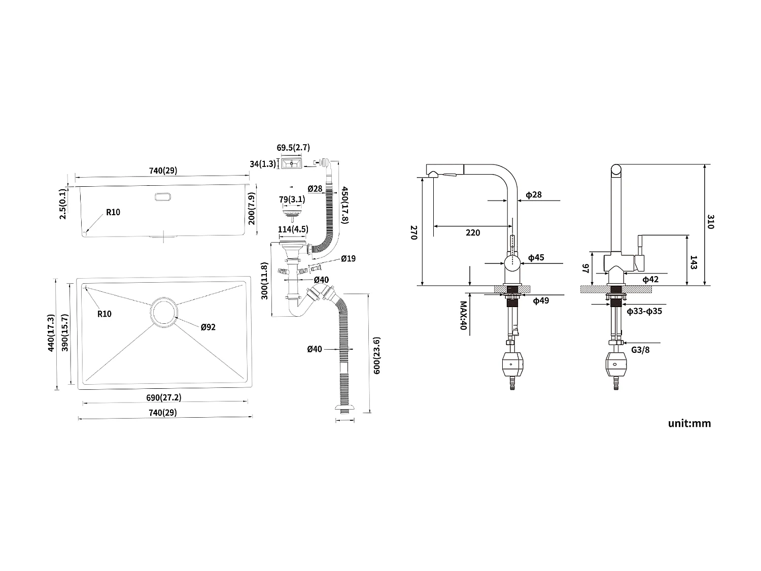 Évier Cuisine 1 Bac 74*44*20CM,en Inox Brossé avec Siphon et Trop-Pleinn+Robinet Cuisine Douchette Extractible Deux Jets Pivotant 360° 