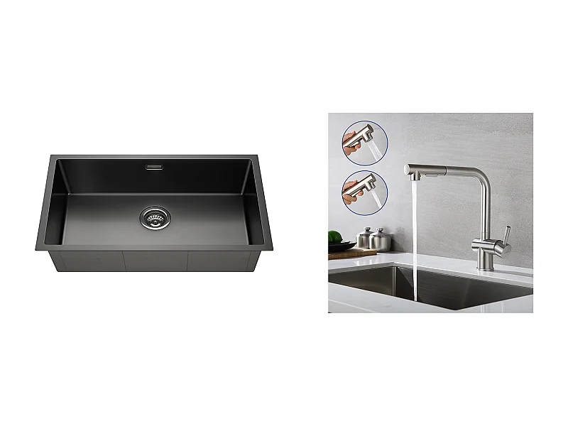 Évier Cuisine 1 Bac 74*44*20CM,en Inox Brossé avec Siphon et Trop-Pleinn+Robinet Cuisine Douchette Extractible Deux Jets Pivotant 360° 