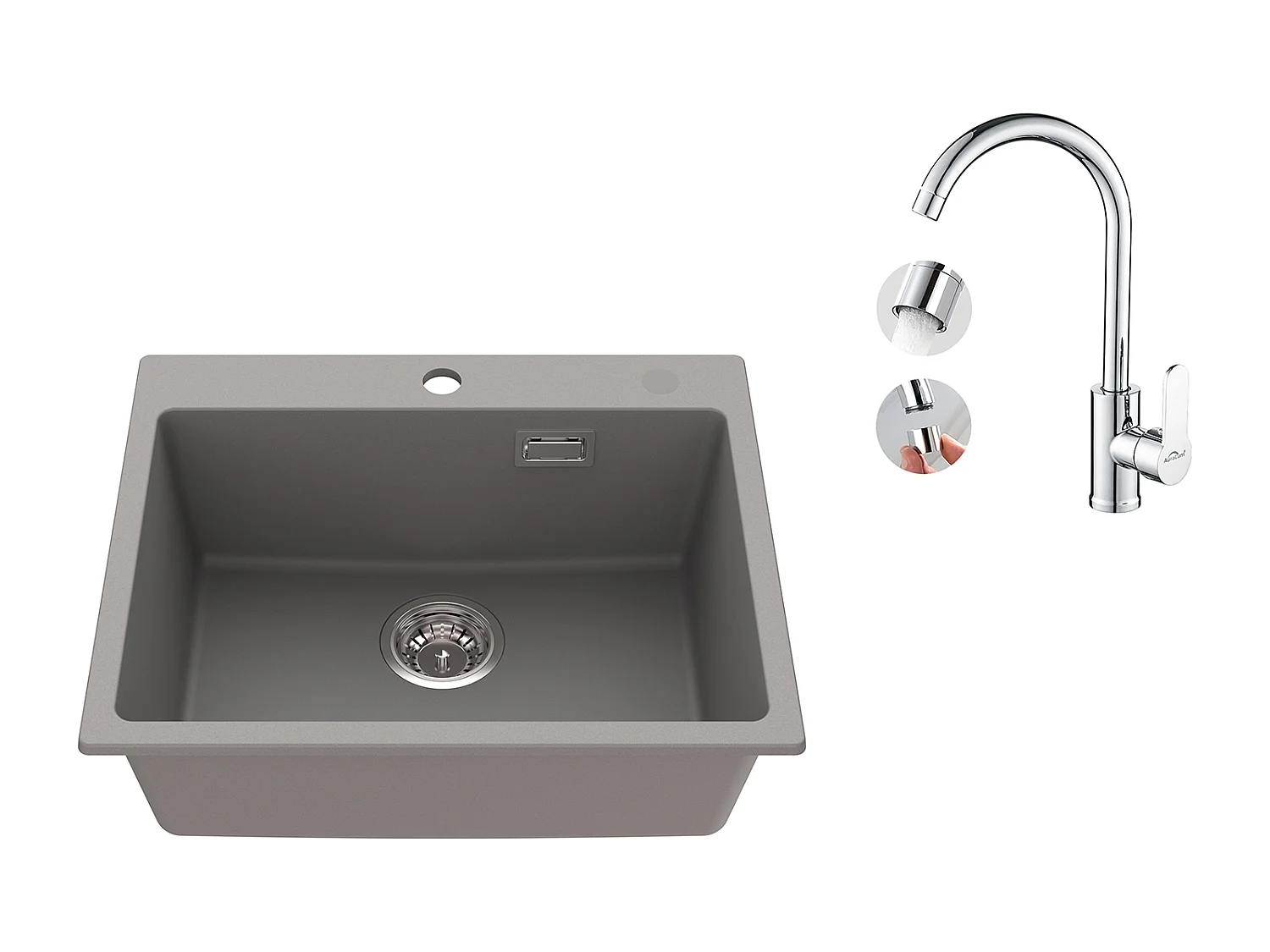1 Becken Granit-Küchenspüle, 55*45*20cm, Ablaufgarnitur, grau + elegante Chrom-Küchenarmatur, 360° schwenkbar