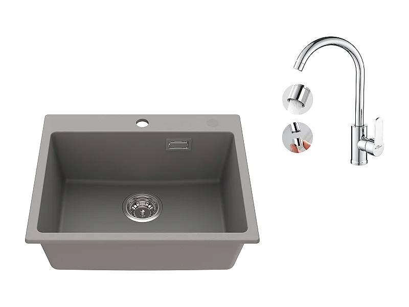 1 Granieten Aanrecht, 55*45*20cm, Afvoerset, Grijs + Elegante Verchroomde Keukenmengkraan, 360° draaibaar