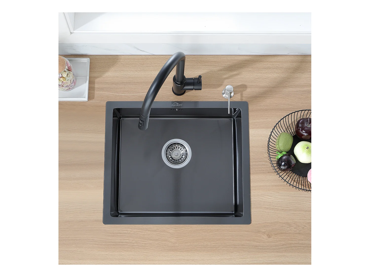 EviZwart 1 Bak 50x43x18,5CM, met Zeep Distructor + Keukenkraan 360° Draaibaar Koud Water Warm Zwart met witte stippen