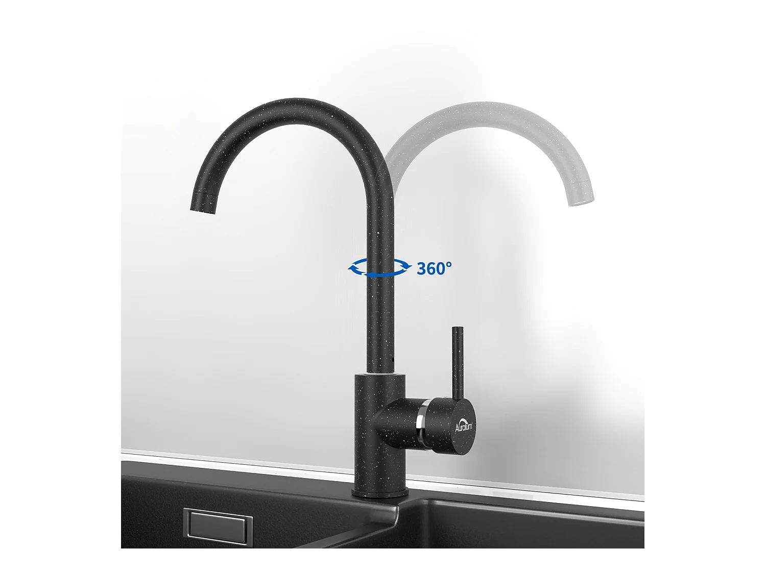 EviZwart 1 Bak 50x43x18,5CM, met Zeep Distructor + Keukenkraan 360° Draaibaar Koud Water Warm Zwart met witte stippen