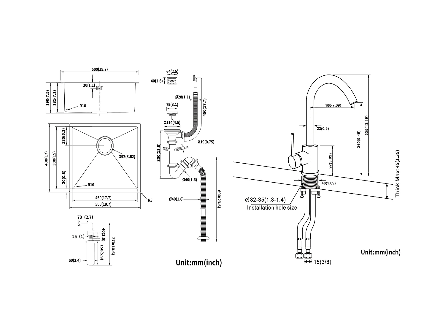 EviZwart 1 Bak 50x43x18,5CM, met Zeep Distructor + Keukenkraan 360° Draaibaar Koud Water Warm Zwart met witte stippen