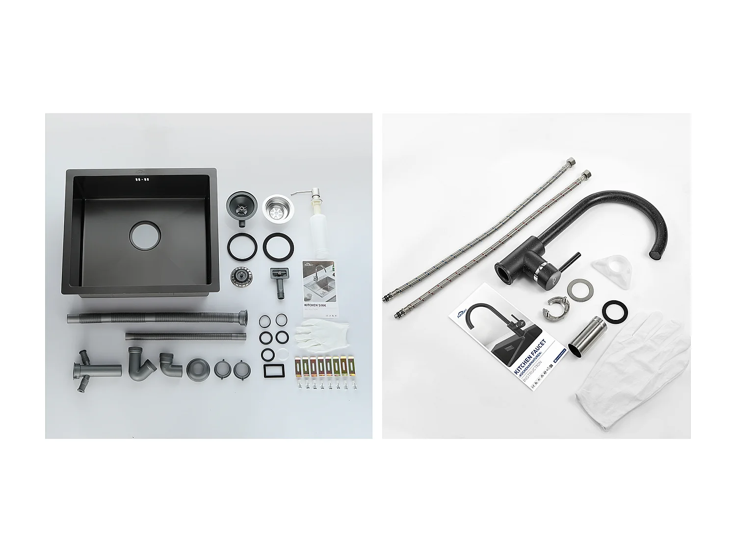 EviZwart 1 Bak 50x43x18,5CM, met Zeep Distructor + Keukenkraan 360° Draaibaar Koud Water Warm Zwart met witte stippen