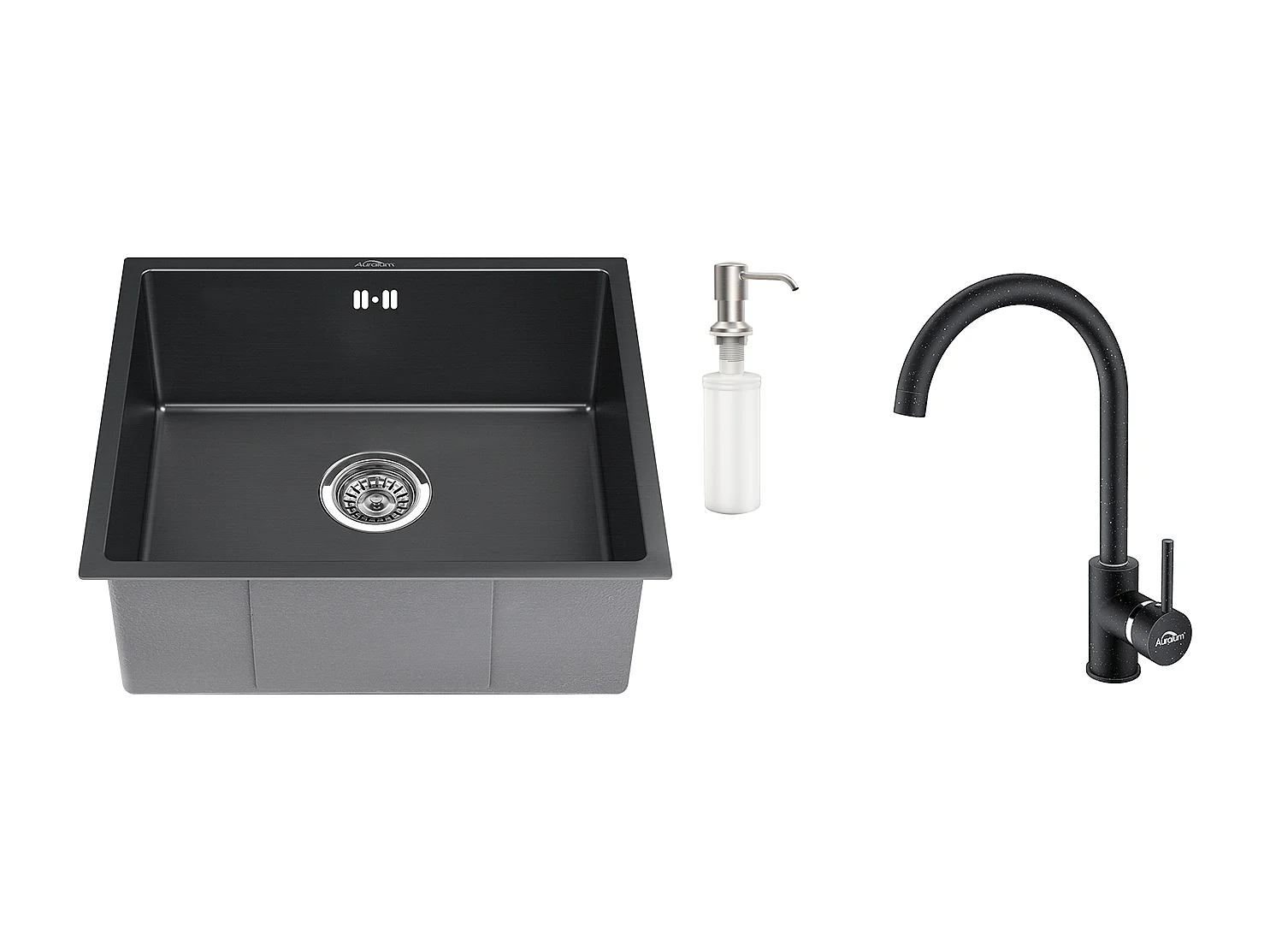 Lavello Nero 1 vasca  50x43x18,5CM, con Distributore di sapone + Rubinetto Cucina Rotante 360°Acara Fredda Calda Nera con punti bianchi