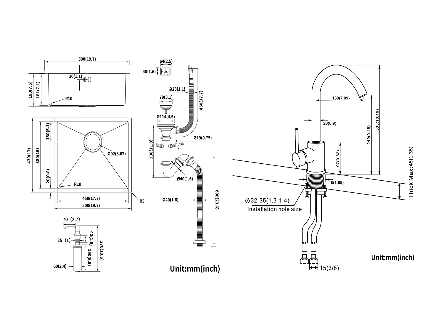 Lavello Nero 1 vasca  50x43x18,5CM, con Distributore di sapone + Rubinetto Cucina Rotante 360°Acara Fredda Calda Nera con punti bianchi