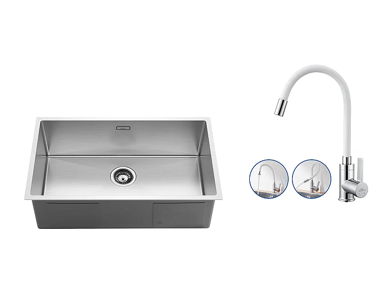 Fregadero Cocina 1 Bandeja 74*44*20CM 304 Inox con Sifón y Trop-Plein+Grifo Cocina Flexible Caño Alto Orientable Libremente,Blanco