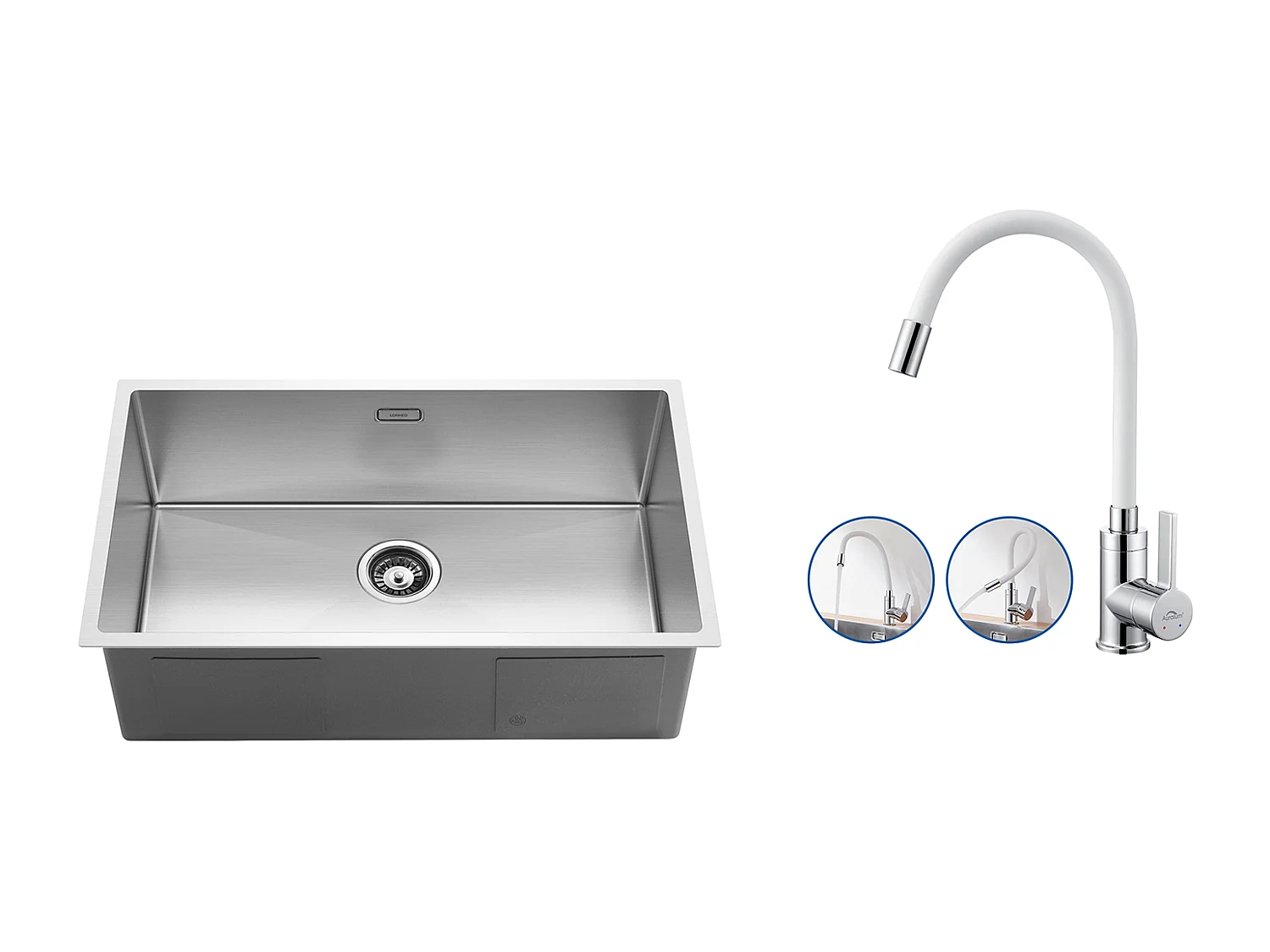 Évier Cuisine 1 Bac 74*44*20CM 304 Inox Évier Brossé avec Siphon et Trop-Plein+Robinet Cuisine Flexible Bec Haut Orientable Librement,Blanc