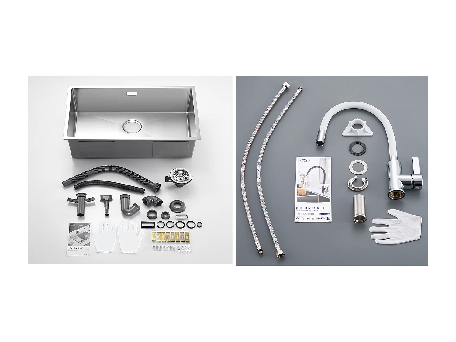 Évier Cuisine 1 Bac 74*44*20CM 304 Inox Évier Brossé avec Siphon et Trop-Plein+Robinet Cuisine Flexible Bec Haut Orientable Librement,Blanc