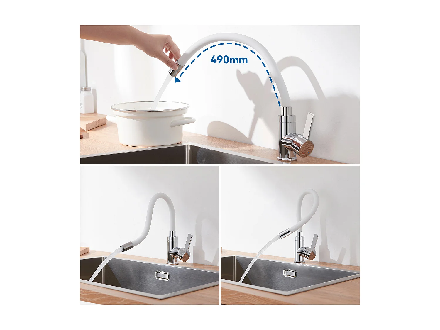 Évier Cuisine 1 Bac 74*44*20CM 304 Inox Évier Brossé avec Siphon et Trop-Plein+Robinet Cuisine Flexible Bec Haut Orientable Librement,Blanc