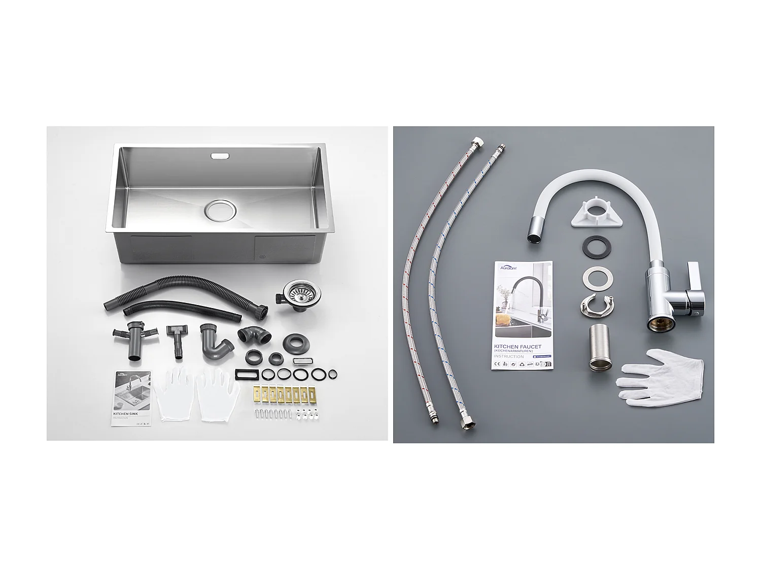 Einzelbecken-Küchenspüle 74*44*20CM 304 Edelstahl gebürstet Spüle mit Siphon und Überlauf + flexiblem Küchenhahn frei schwenkbarem hohen Auslauf, weiß