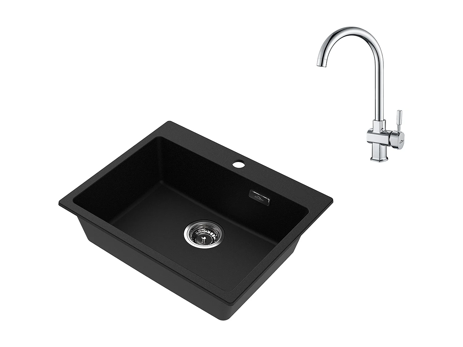 1 Bac Évier Cuisine en Granit,55*45*20cm,Kit de Vidage,Noir+ Robinet de Cuisine Chromé Pivotant à 360°  Eau Froide /Chaude