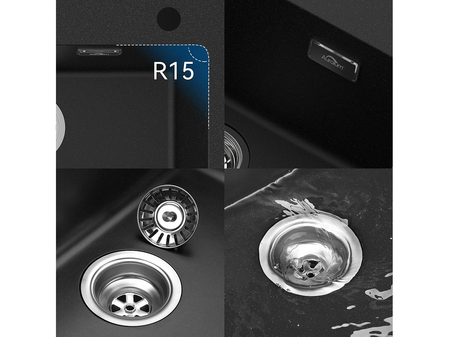 1 Bac Évier Cuisine en Granit,55*45*20cm,Kit de Vidage,Noir+ Robinet de Cuisine Chromé Pivotant à 360°  Eau Froide /Chaude