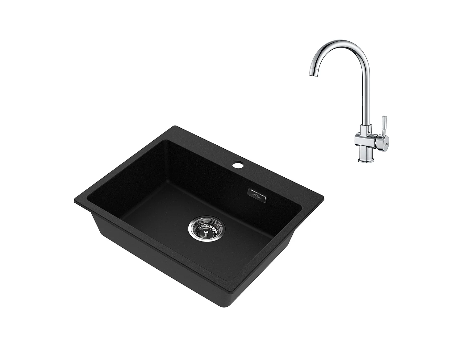 1 Vassoio Lavello Cucina in Granito,55*45*20cm, Kit di svuotamento, Nero + Rubinetto da cucina cromato girevole a 360° Acqua fredda / Calda