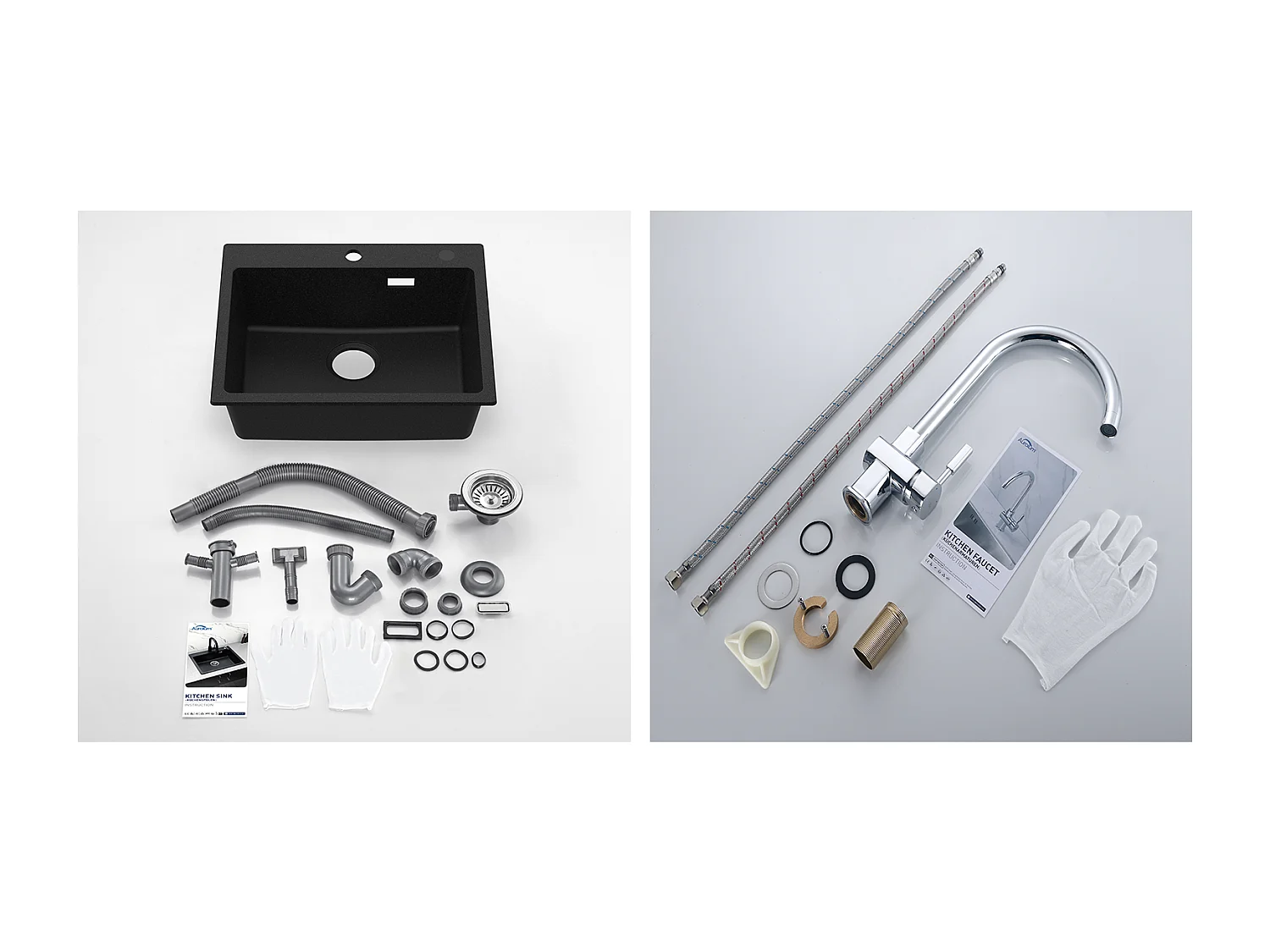 1 Bac Évier Cuisine en Granit,55*45*20cm,Kit de Vidage,Noir+ Robinet de Cuisine Chromé Pivotant à 360°  Eau Froide /Chaude