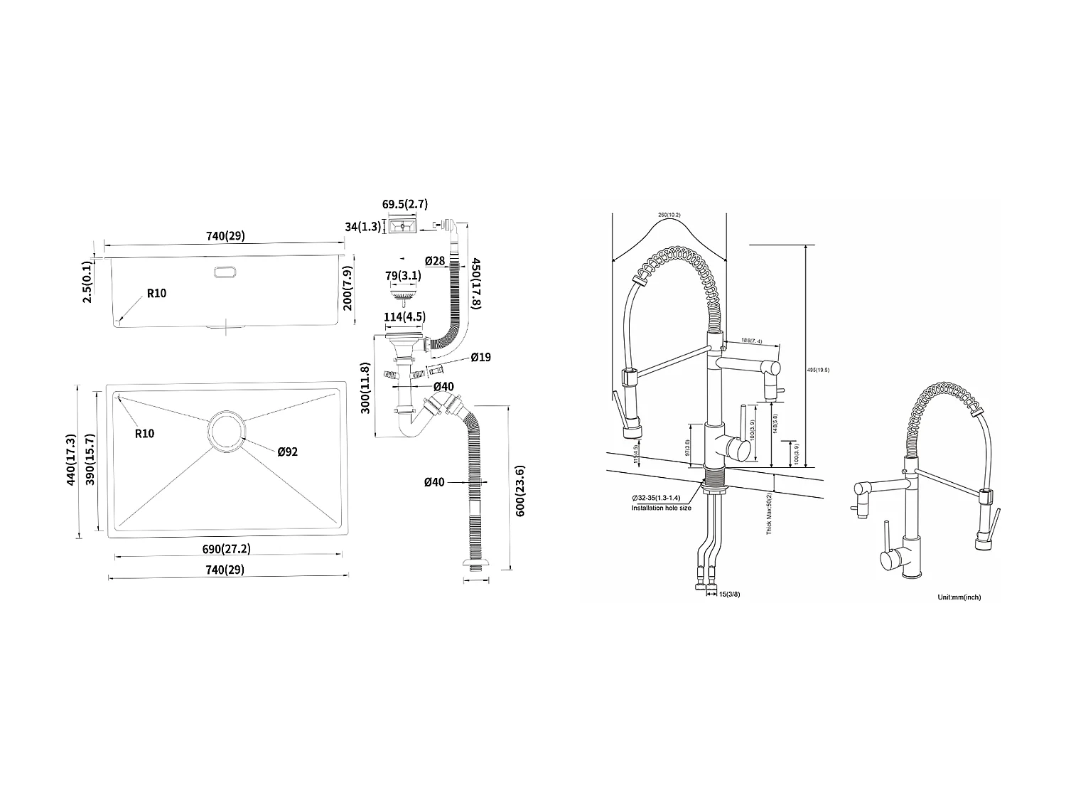 Évier Cuisine 1 Bac 74*44*20CM,en Inox Brossé avec Siphon et Trop-Pleinn+Robinet Cuisine Rotatif 360° Douchette Extractible