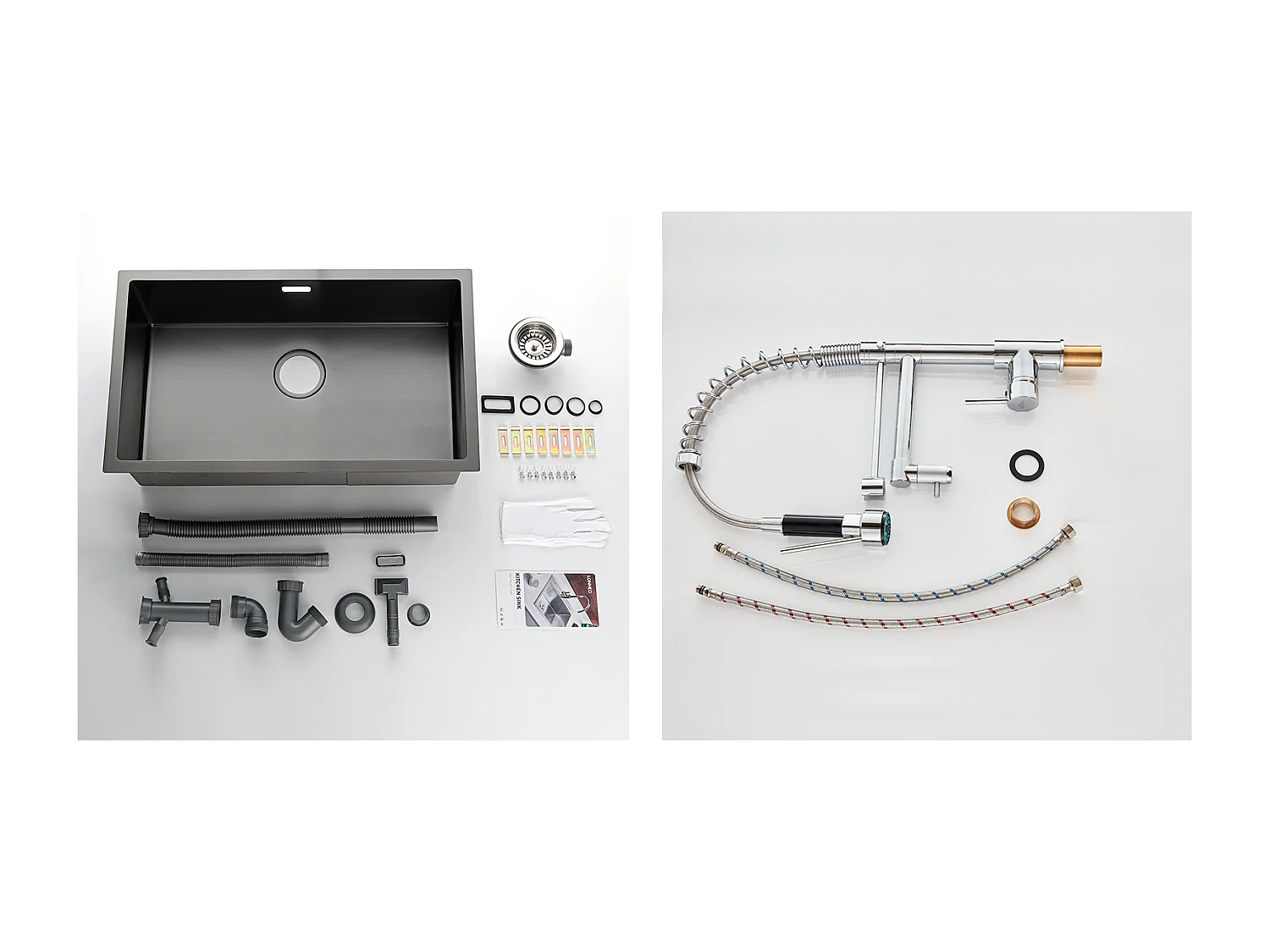 Évier Cuisine 1 Bac 74*44*20CM,en Inox Brossé avec Siphon et Trop-Pleinn+Robinet Cuisine Rotatif 360° Douchette Extractible