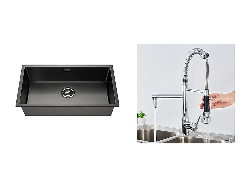 1 Becken Küchenspüle 74*44*20CM, gebürsteter Edelstahl mit Siphon und Überlauf + 360° drehbarer Küchenarmatur mit ausziehbarer Brause