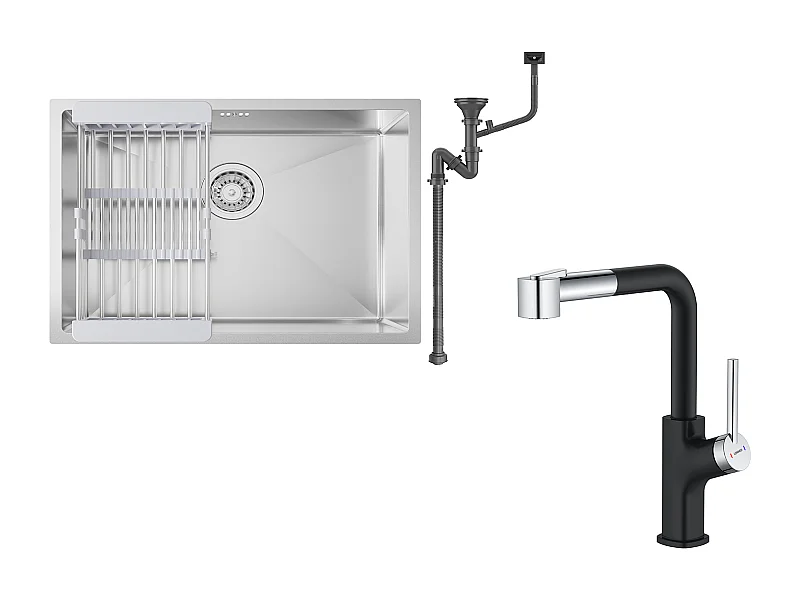 Évier Cuisine 1 Bac 60*44*20CM,inox 304,à Encastrer/sous-plan avec Panier Drainage,Nano+Robinet Cuisine Noir avec Douchette Extractible,2 Jets