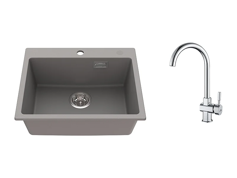 1 Vaschetta Lavello Cucina in Granito,55*45*20cm,Kit di Svuotamento,Grigio+Rubinetto da cucina cromato girevole a 360° Acqua fredda/calda