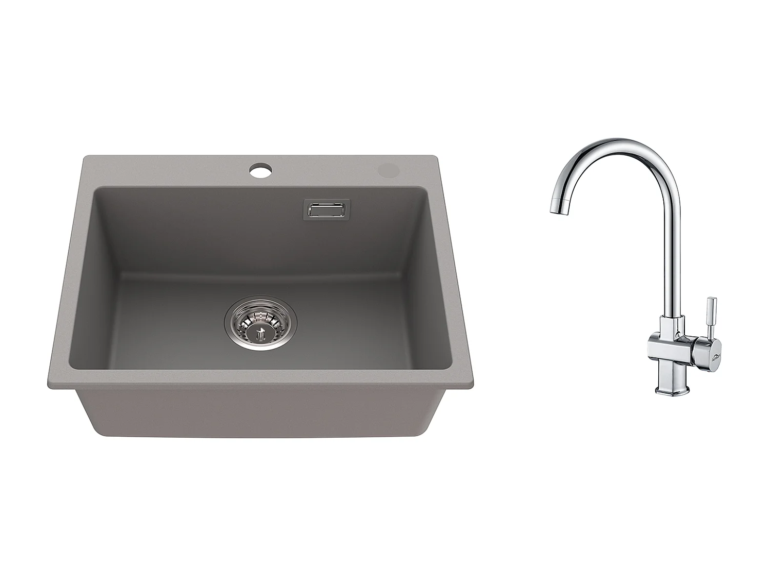 1 Bac Évier Cuisine en Granit,55*45*20cm,Kit de Vidage,Gris+ Robinet de Cuisine Chromé Pivotant à 360° Eau Froide /Chaude