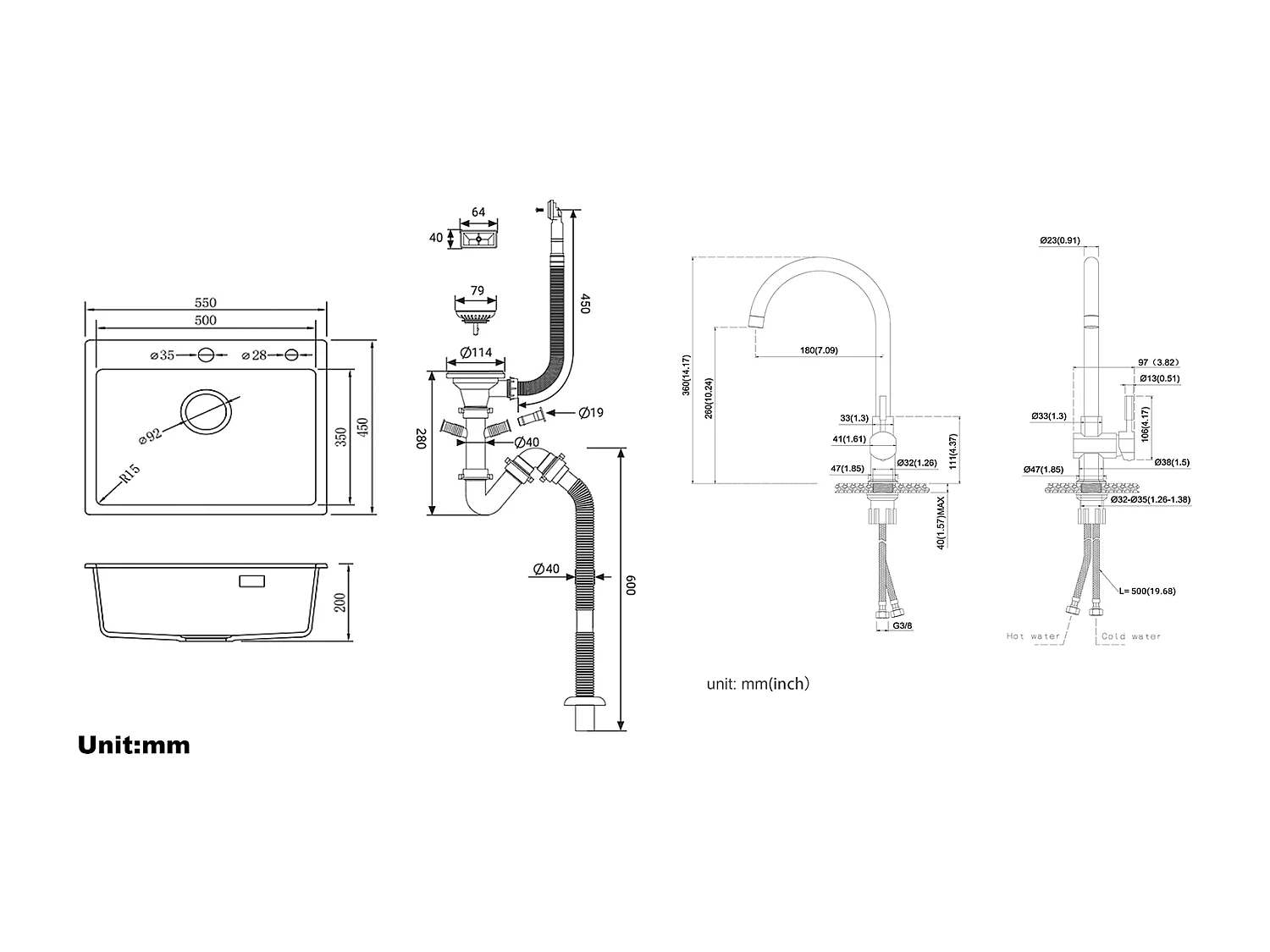 1 Bac Évier Cuisine en Granit,55*45*20cm,Kit de Vidage,Gris+ Robinet de Cuisine Chromé Pivotant à 360° Eau Froide /Chaude