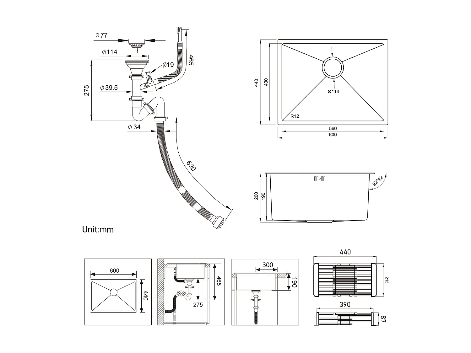 Fregadero Cocina 1 Bandeja 60*44*20CM,inoxidable 304, empotrado/subplano con Cesta drenaje,Silver+Grifo Cocina ResorteCon ducha extensible,cepillado