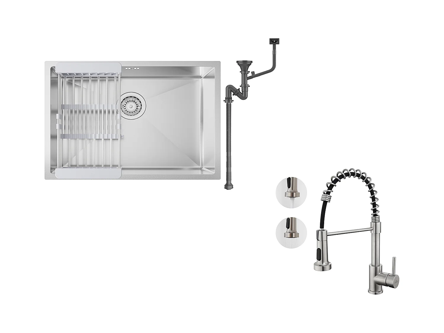 Évier Cuisine 1 Bac 60*44*20CM,inox 304,à Encastrer/sous-plan avec Panier Drainage,Silver+Robinet Cuisine Ressort avec Douchette Extensible,Brossé