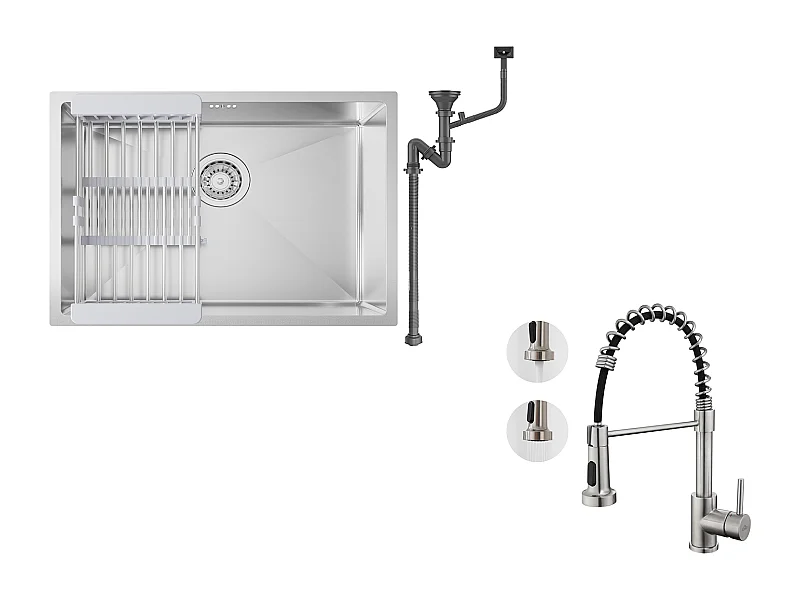 Évier Cuisine 1 Bac 60*44*20CM,inox 304,à Encastrer/sous-plan avec Panier Drainage,Silver+Robinet Cuisine Ressort avec Douchette Extensible,Brossé