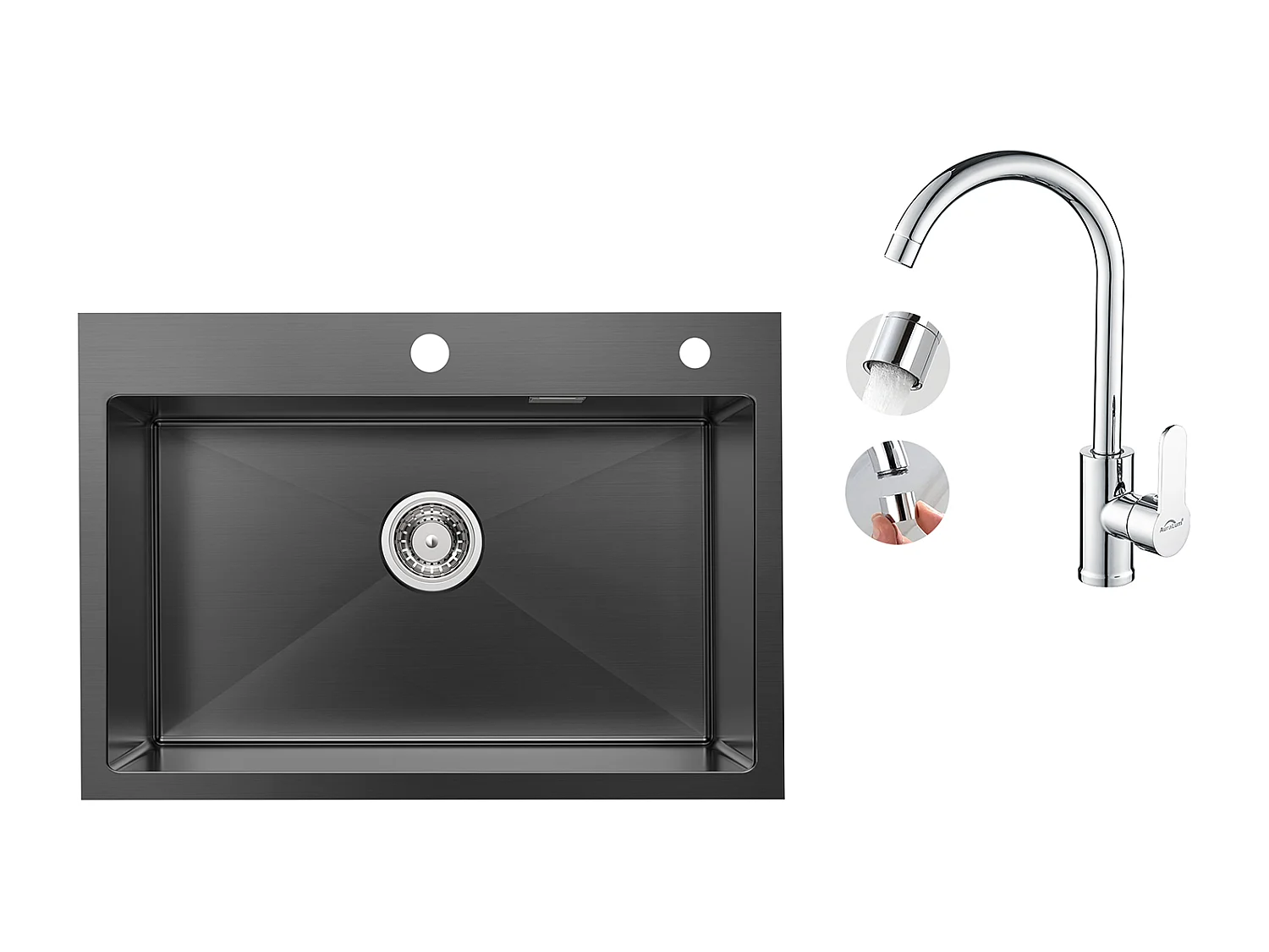 Schwarzes Küchenspülbecken aus Edelstahl mit Einzelbecken, 65 x 45 cm, Einbau-/Aufputzmontage + 360° schwenkbarer Küchenhahn mit Warm-/Kaltwasser, Chrom