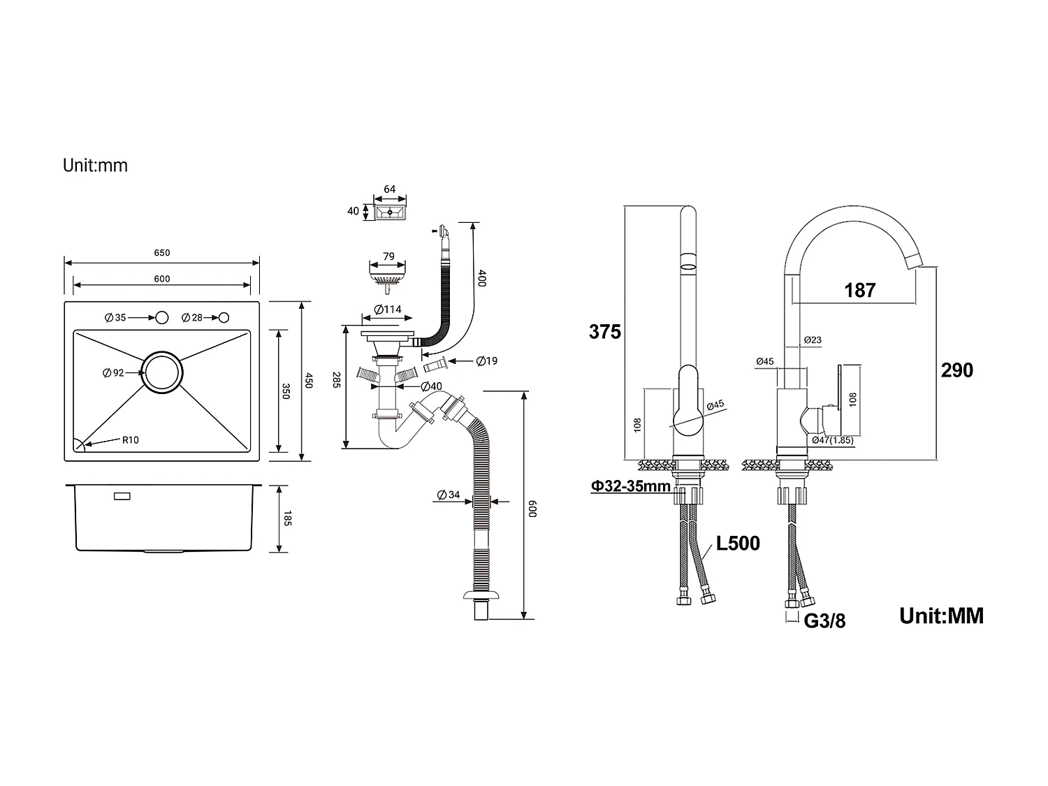 Schwarzes Küchenspülbecken aus Edelstahl mit Einzelbecken, 65 x 45 cm, Einbau-/Aufputzmontage + 360° schwenkbarer Küchenhahn mit Warm-/Kaltwasser, Chrom