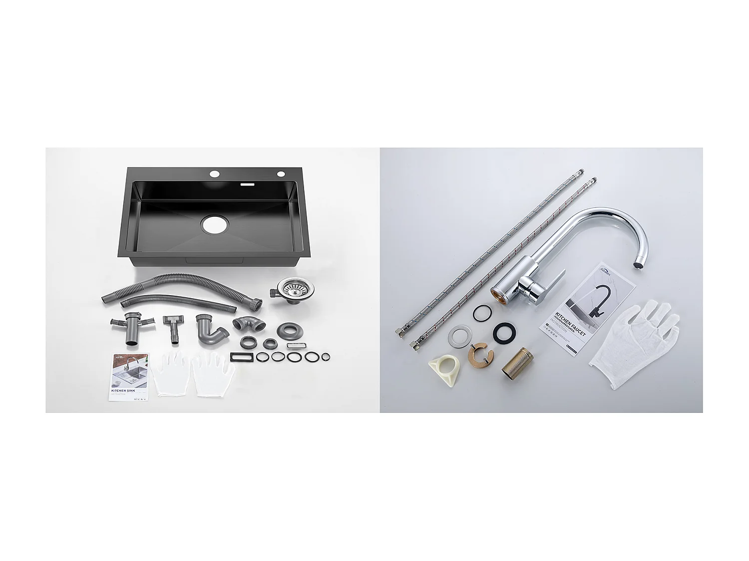 Schwarzes Küchenspülbecken aus Edelstahl mit Einzelbecken, 65 x 45 cm, Einbau-/Aufputzmontage + 360° schwenkbarer Küchenhahn mit Warm-/Kaltwasser, Chrom