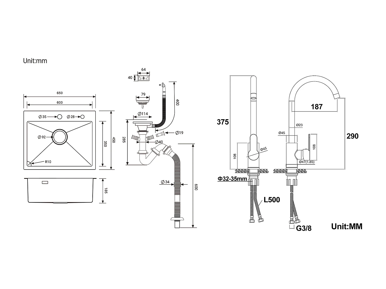Aanrecht 1 Bak Roestvrij Staal Zwart 65x45CM, Inbouw/Opzetbaar+ 360° Draaibare Keukenkraan met Warm/Koud Water, Verchroomd