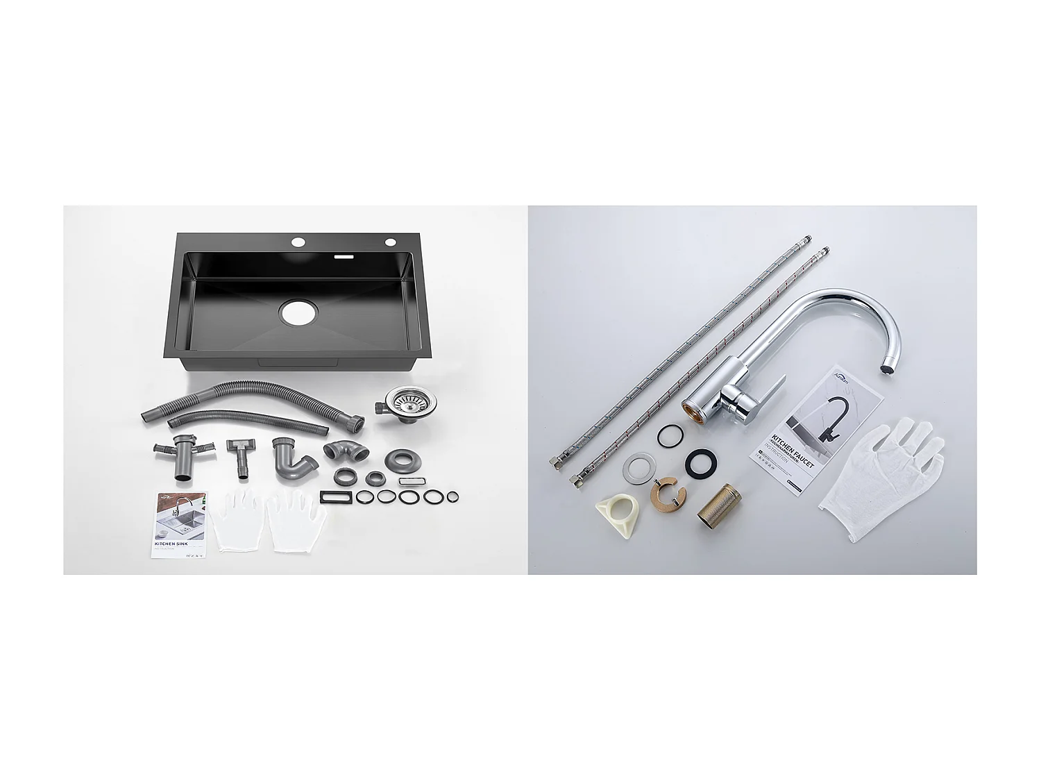 Aanrecht 1 Bak Roestvrij Staal Zwart 65x45CM, Inbouw/Opzetbaar+ 360° Draaibare Keukenkraan met Warm/Koud Water, Verchroomd