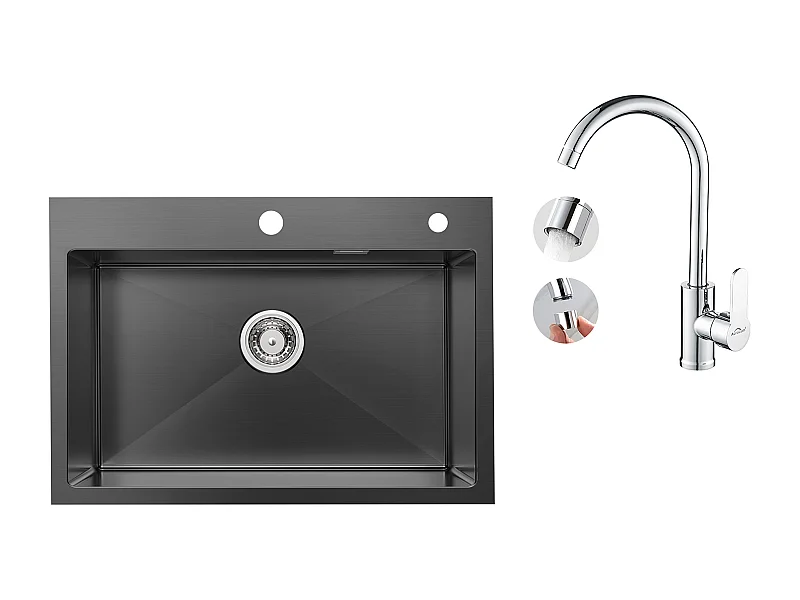 Aanrecht 1 Bak Roestvrij Staal Zwart 65x45CM, Inbouw/Opzetbaar+ 360° Draaibare Keukenkraan met Warm/Koud Water, Verchroomd