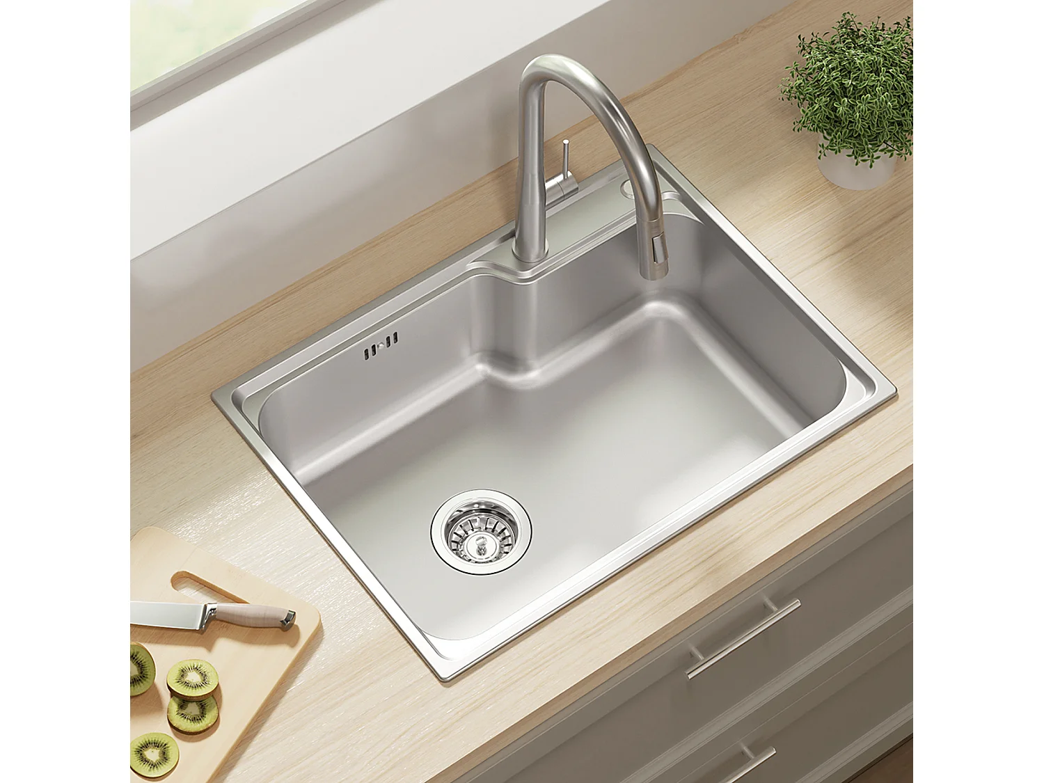 Auralum Max Évier Cuisine 1 Bac 62*45*21CM,en Inox PVD Nano Vasque à Poser,Argent+Mitigeur Cuisine Rabattable Pivotant 360° Eau froide Chaude