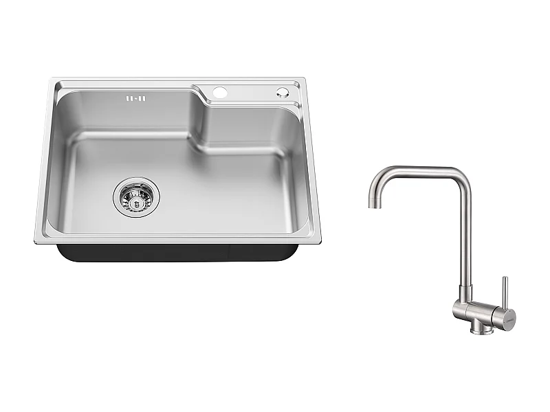 Auralum Max Aanrecht 1 Bak 62*45*21CM, RVS PVD Nano Wastafel, Zilver+ Opklapbare Keukenmengkraan Draaibaar 360° Koud Warm Water