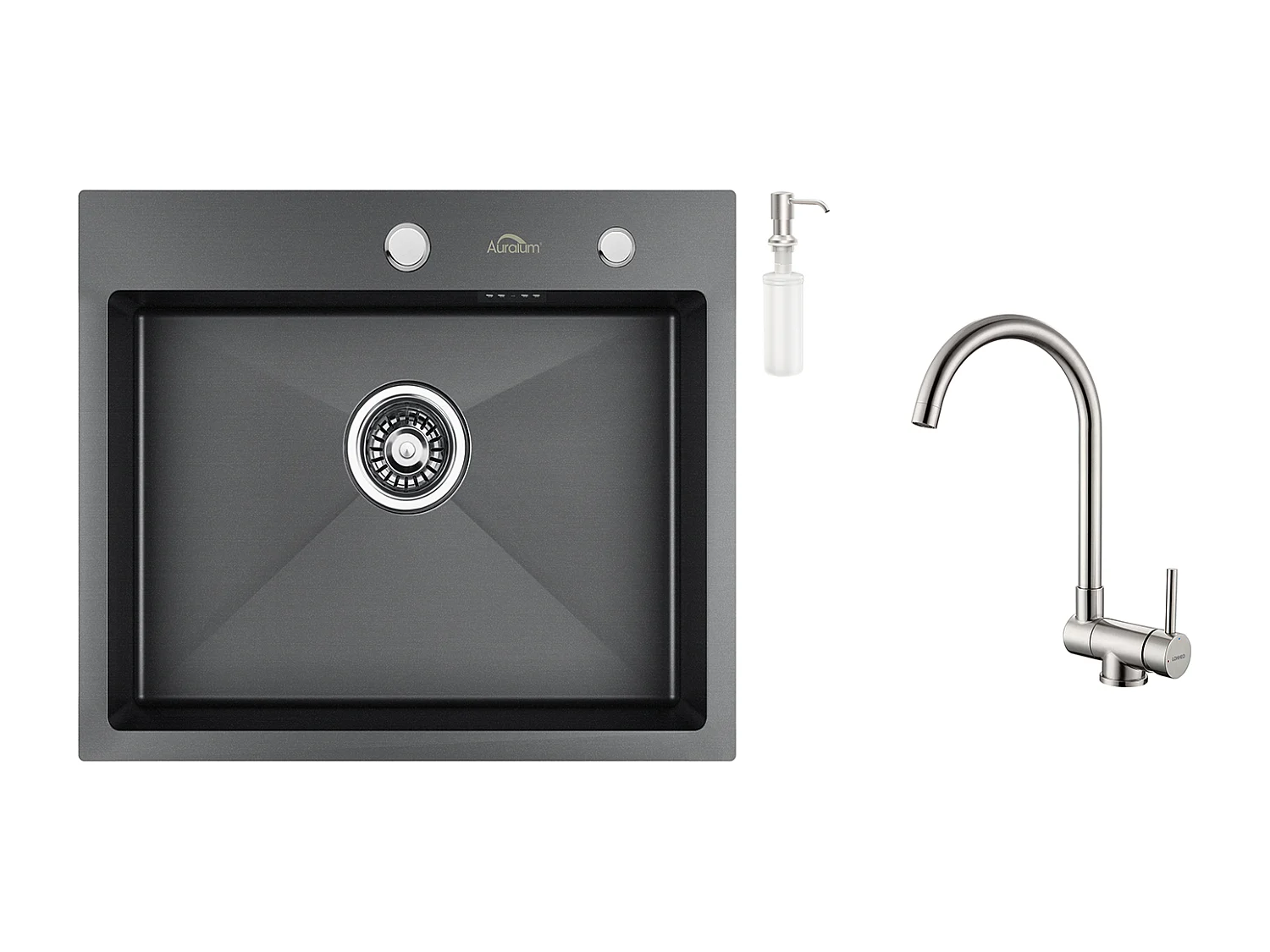 AuraLum Max Évier Cuisine 1 Bac 55*45CM Noir+Mitigeur Cuisine Rabattable Pivotant à 360°, avec Poignée Pliable Contre Fenêtre,Acier Inox 304,EU Modèle