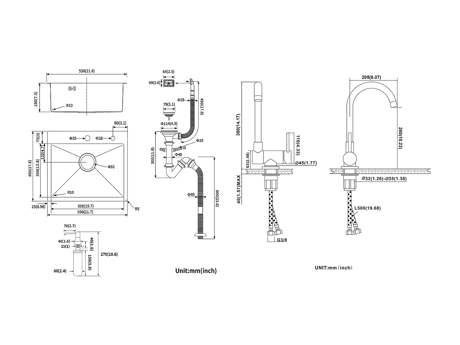 AuraLum Max Évier Cuisine 1 Bac 55*45CM Noir+Mitigeur Cuisine Rabattable Pivotant à 360°, avec Poignée Pliable Contre Fenêtre,Acier Inox 304,EU Modèle