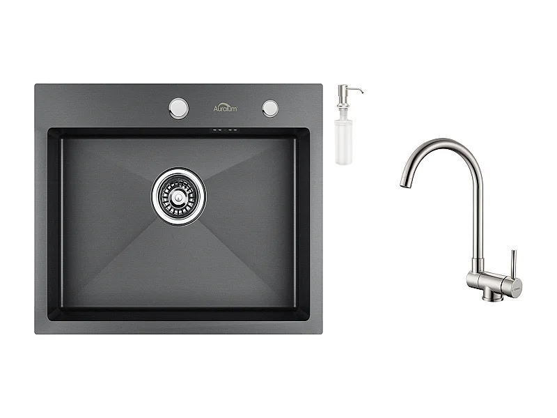 AuraLum Max Évier Cuisine 1 Bac 55*45CM Noir+Mitigeur Cuisine Rabattable Pivotant à 360°, avec Poignée Pliable Contre Fenêtre,Acier Inox 304,EU Modèle