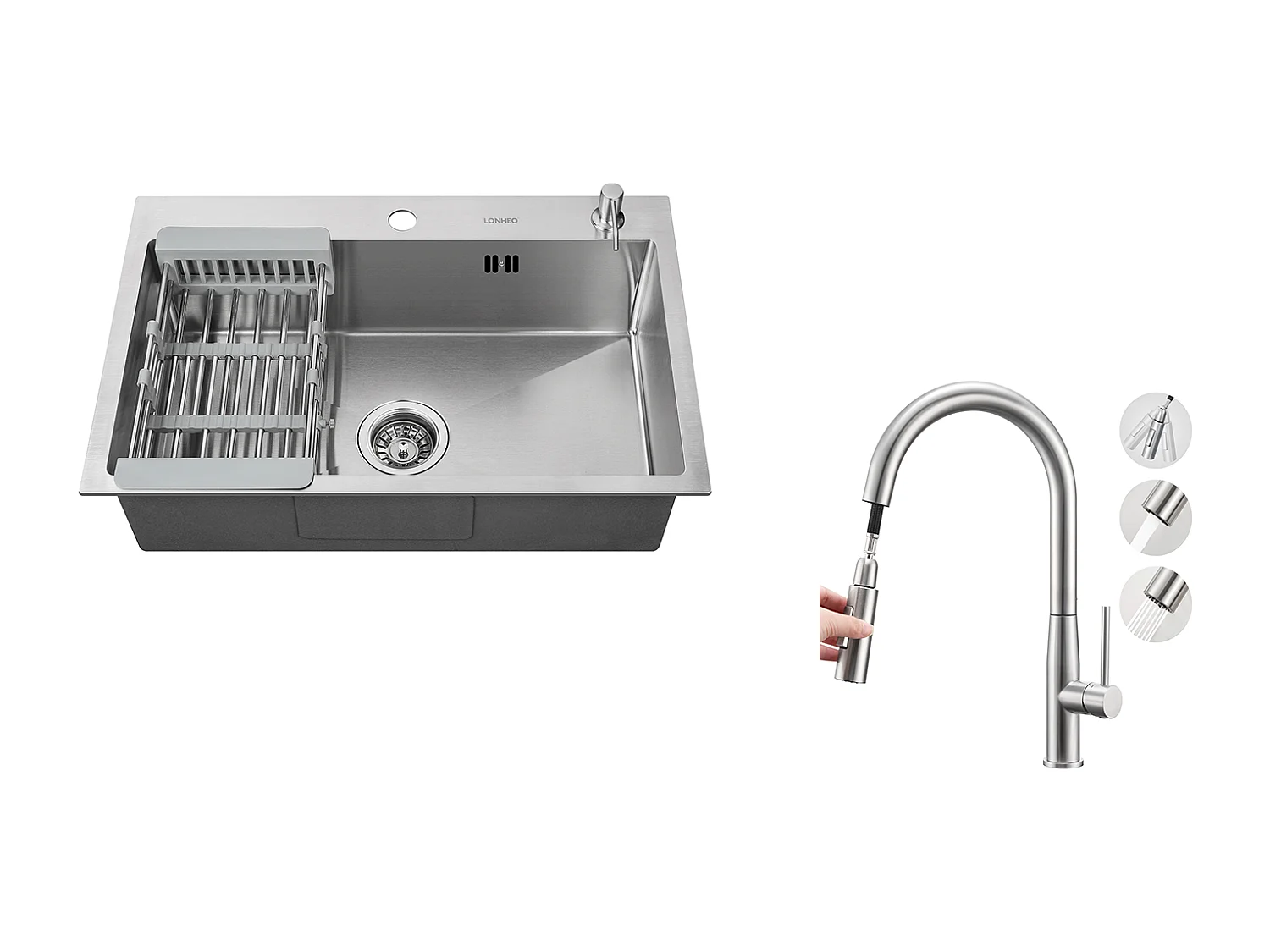 Gebürstete Küchenspüle 68 x 45 x 19 cm mit Seifenspender, Abtropfkorb + Küchenmixer, ausziehbarer Dusche, 2 Modi, Kalt-/Warmwasser, gebürstet