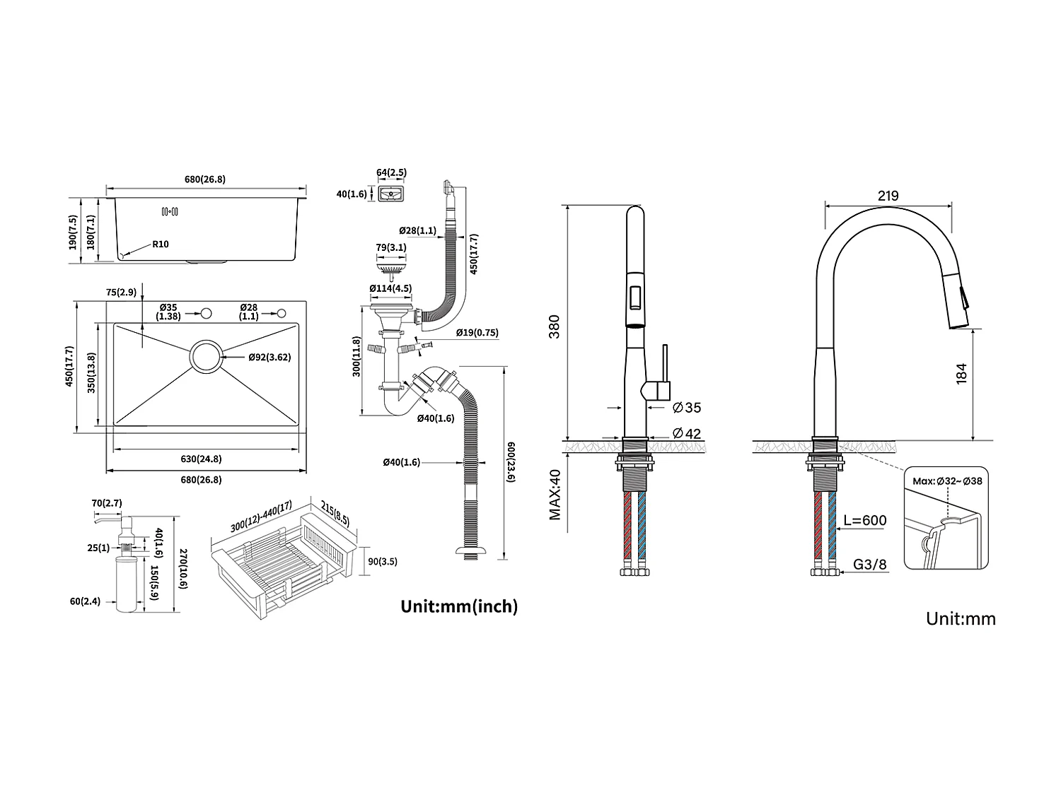 Gebürstete Küchenspüle 68 x 45 x 19 cm mit Seifenspender, Abtropfkorb + Küchenmixer, ausziehbarer Dusche, 2 Modi, Kalt-/Warmwasser, gebürstet