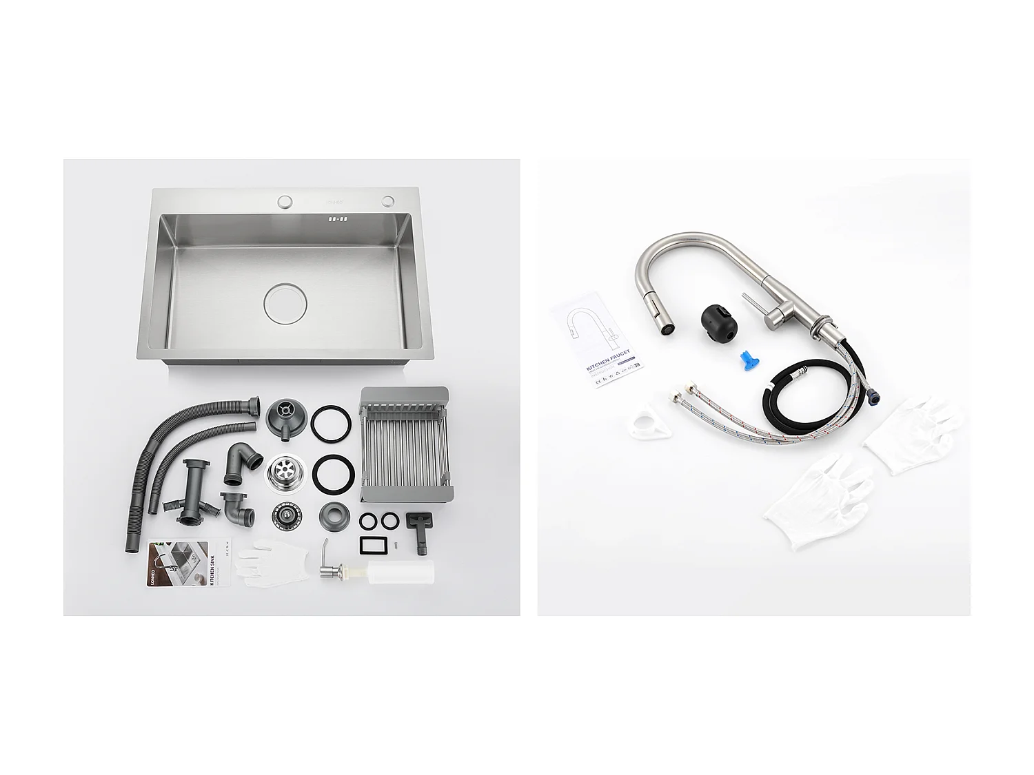 Évier Cuisine Brossé 68x45x19CM avec Distrubuteur savon Égouttoir Panier+MitigeurCuisine,Douchette Extractible,2 Modes,Eau Froide/Chaude,Brossé