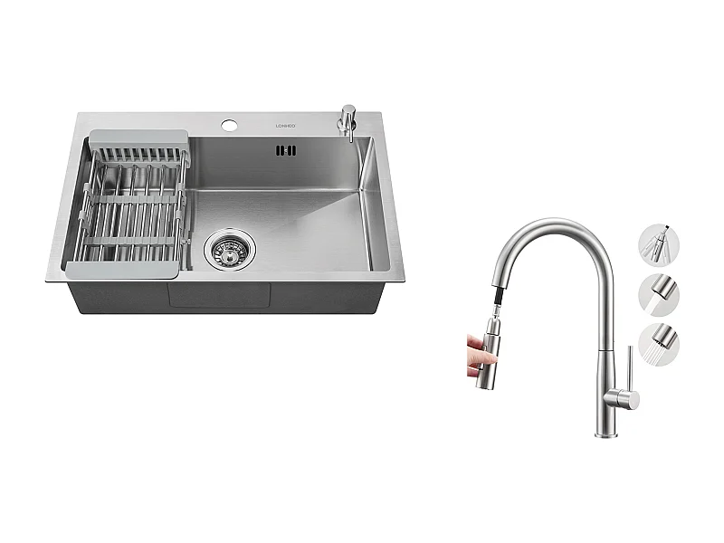 Lavello Cucina Spazzolato 68x45x19CM con Distributore Sapone Scolapiatti Cesto + MiscelatoreCucina,Doccia Estraibile, 2 Modalità,Spazzolato