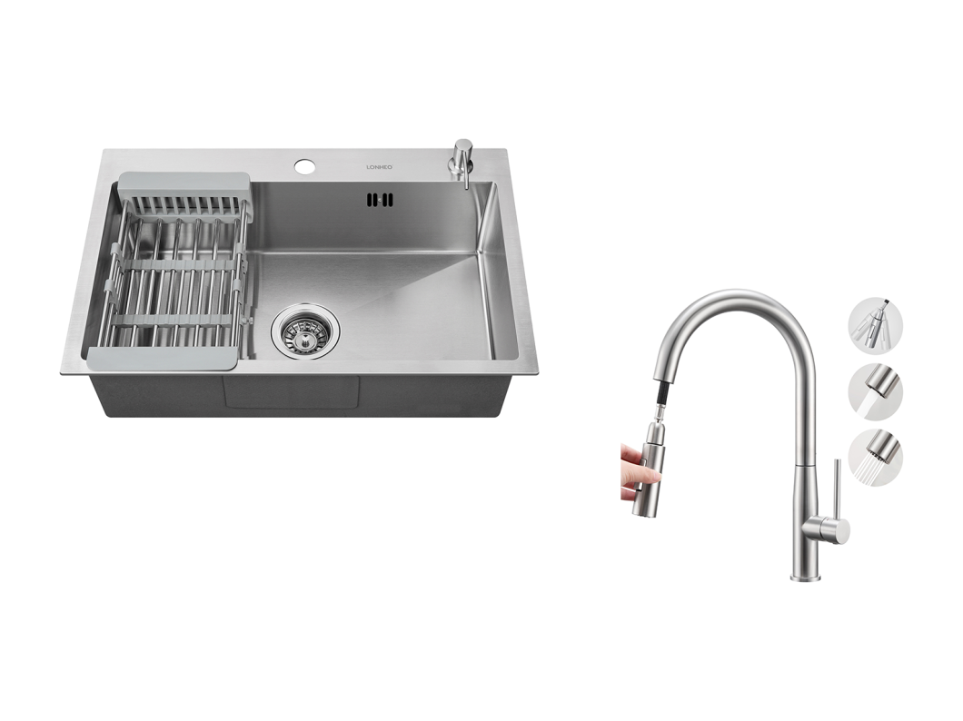 Geborstelde Aanrecht 68x45x19CM met Zeepverdeler Afdruiprek Mand+MengkraanKeuken,Uittrekbare Douche,2 Modi,Koud/Warm Water,Geborsteld