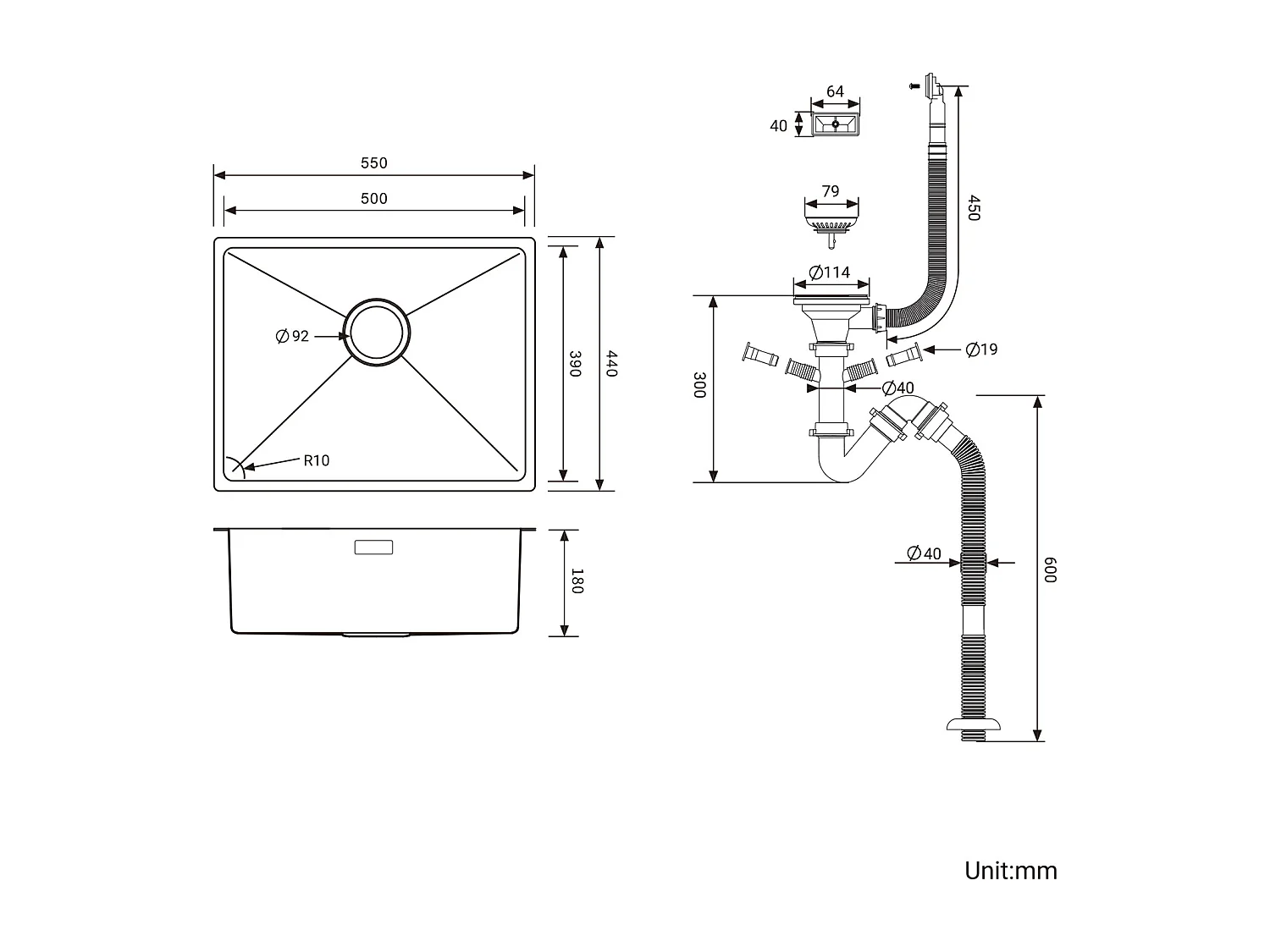 AURALUM MAX  Evier Cuisine-Evier Cuisine 1 Bac Inox,55*44*19CM- Evier Solide & Facile à Nettoyer pour Installation à Encastrer, à Fleur ou Sous-Plan