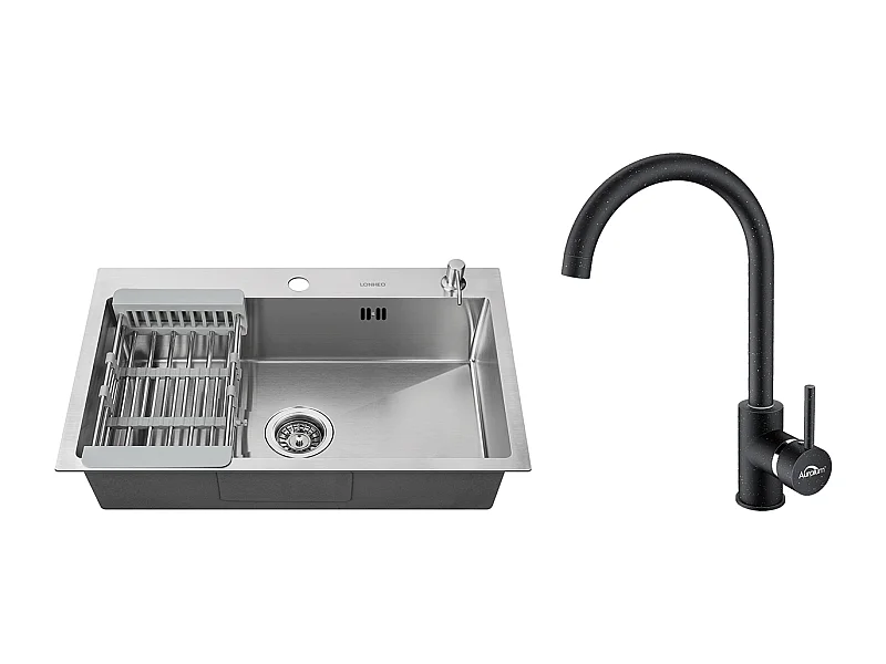 2 en1 Fregadero Cocina Cepillado 68x45x19CM con Distribuidor Jabón Escurridor Cesta+Grifo Cocina Rotativo 360°,Negro con puntos blancos