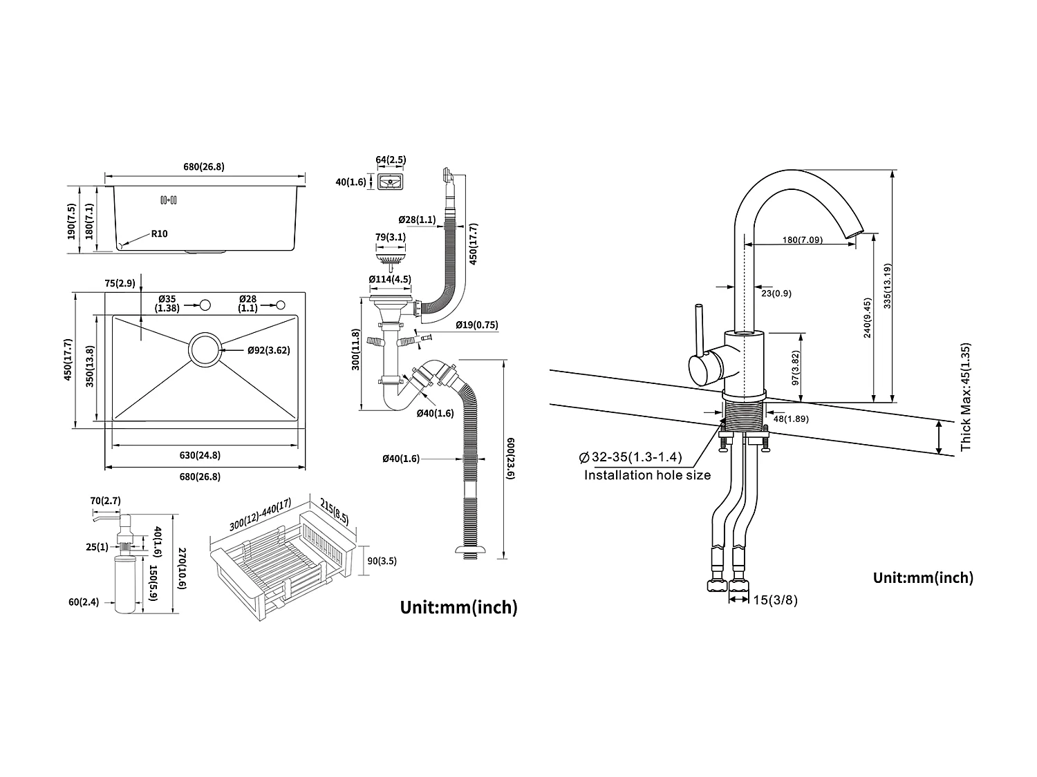 2 en1 Fregadero Cocina Cepillado 68x45x19CM con Distribuidor Jabón Escurridor Cesta+Grifo Cocina Rotativo 360°,Negro con puntos blancos