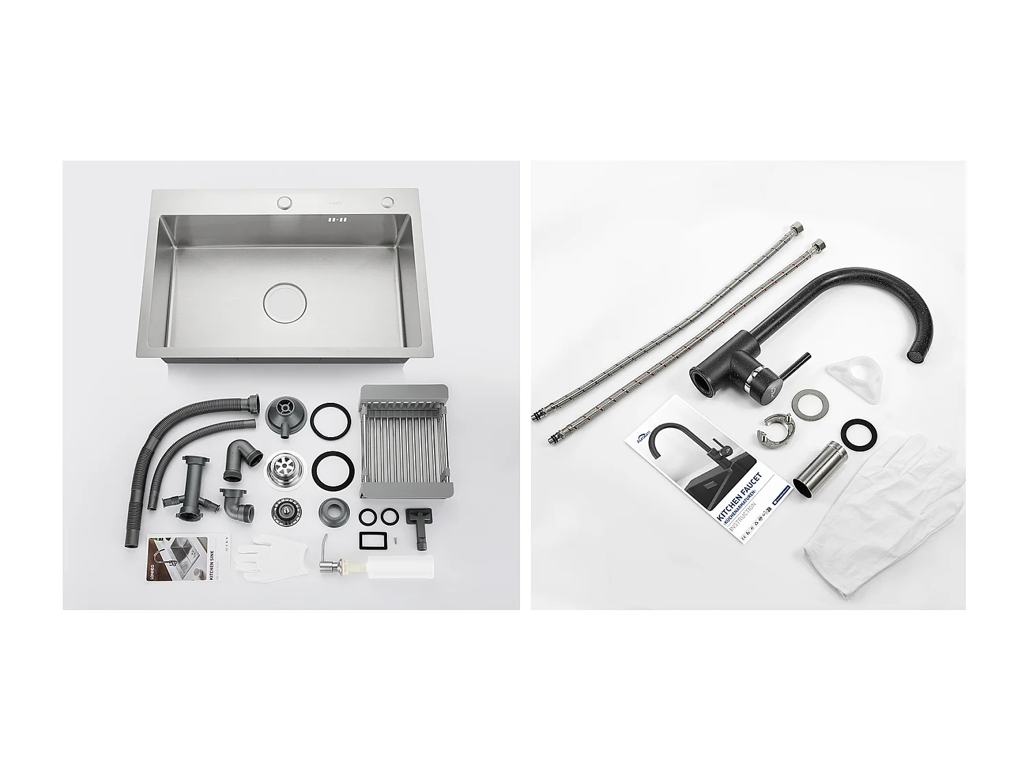 2 en1 Fregadero Cocina Cepillado 68x45x19CM con Distribuidor Jabón Escurridor Cesta+Grifo Cocina Rotativo 360°,Negro con puntos blancos