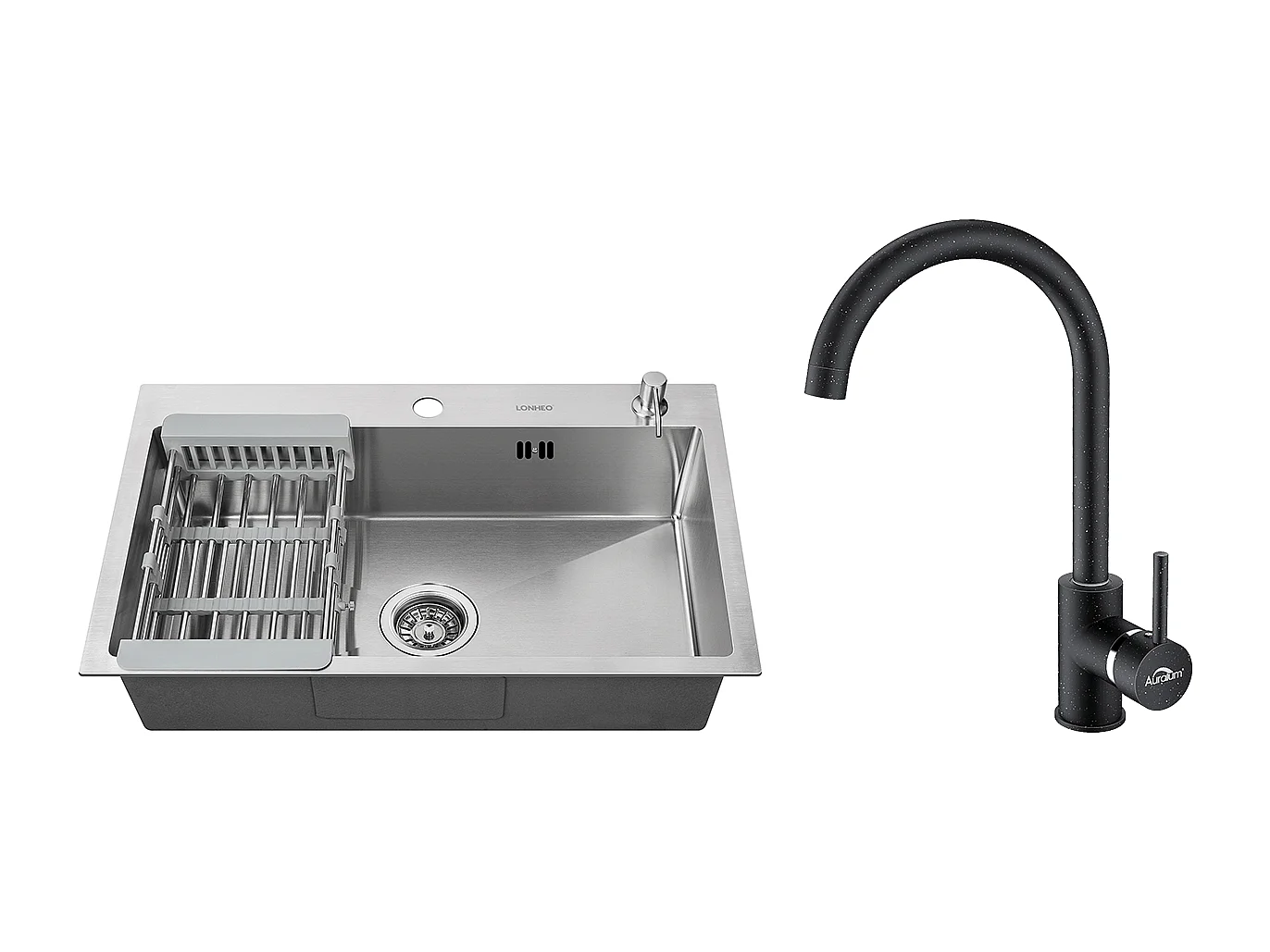 2 en1 Évier Cuisine Brossé 68x45x19CM avec Distrubuteur savon Égouttoir Panier+Robinet Cuisine Rotatif 360°,Noir avec points blancs